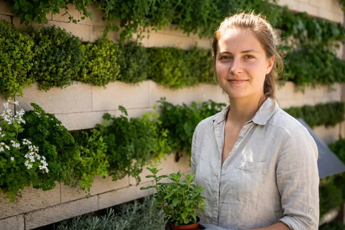 Eine Frau hält eine Pflanze in den Händen