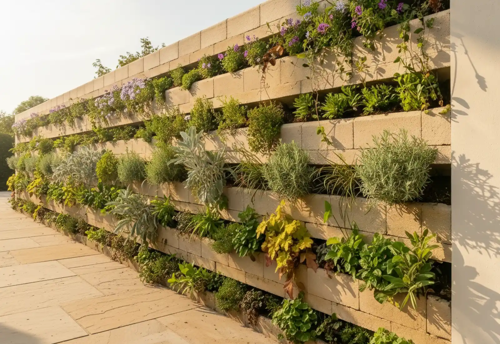 Wand, die mit verschiedenen Pflanzen bewachsen ist