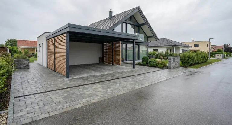 Modernes Vorstadthaus in Niederösterreich mit minimalistischem grauen Carport (Überdachung) und Holzeinsätzen.
