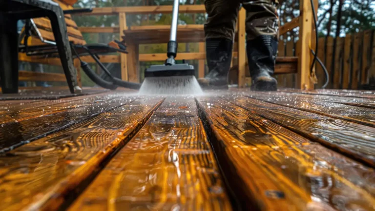 sgd - Reinigung Holzdecks mit Hochdruckreiniger Eine Person reinigt ein Holzdeck mit einem Hochdruckreiniger