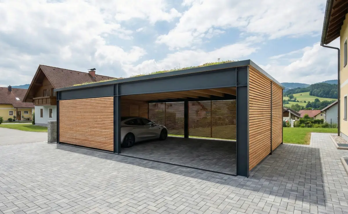 Moderner Doppelcarport mit begrüntem Dach und grauen Pflastersteinen