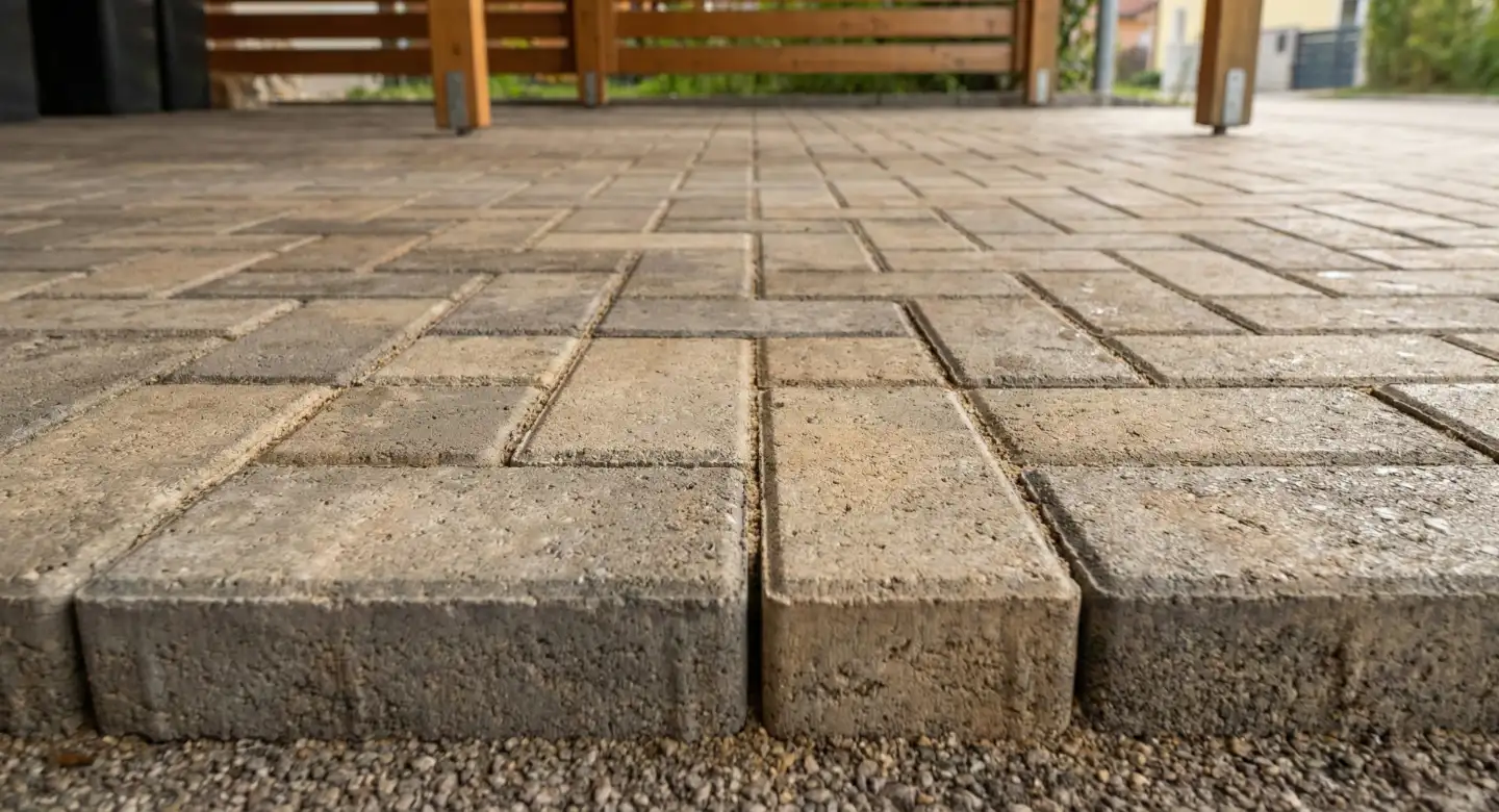 Nahaufnahme von hochwertigen Betonpflastersteinen, die unter einem Vordach verlegt wurden.